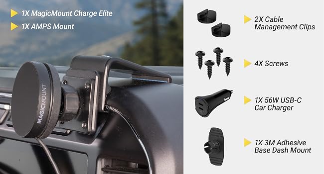 AMPS car phone mount includes screws for permanent mounting, adhesive dash base and cable clips