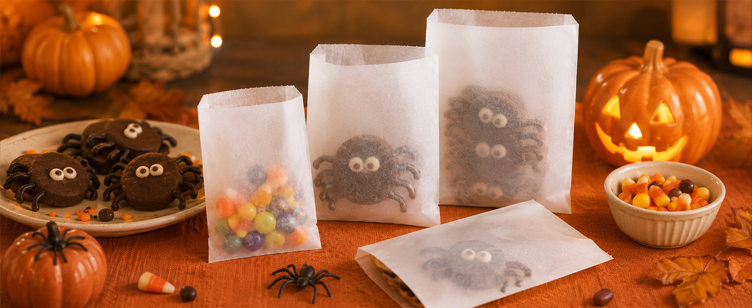 Clear storage containers with various dry ingredients and spices arranged on brown surface with pumpkins and autumn decorations.