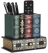 Hoowen Antique Book Pencil Holder for Desk, Wooden Pen Cup Holders with Storage Drawer, Vintage D...