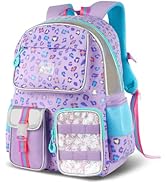Hairao Girls School Backpack, Purple Leopard Print Bookbag with Adjustable Straps, Lightweight Wa...