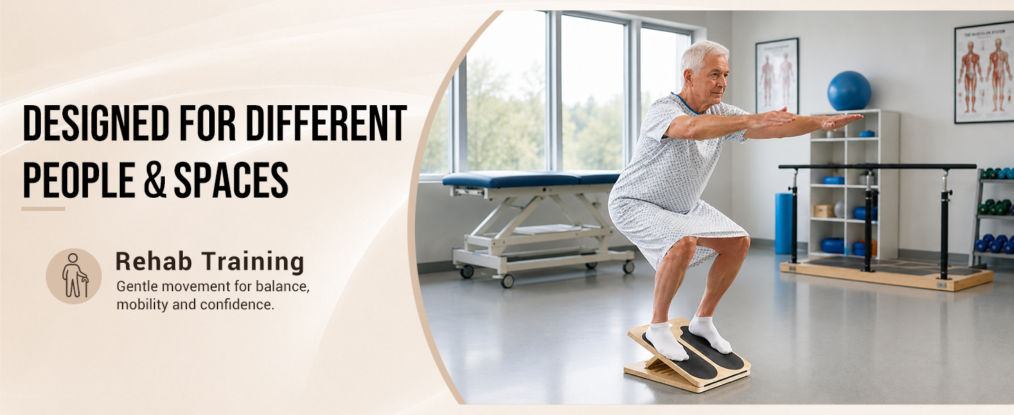 Slant board for gentle rehab training, balance support, and mobility practice.
