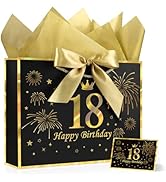 JMANNI Black Gold 18th Birthday Gift Bag with Card and Tissue Paper, 12.6"×9.84"×3.9" Elegant Pre...