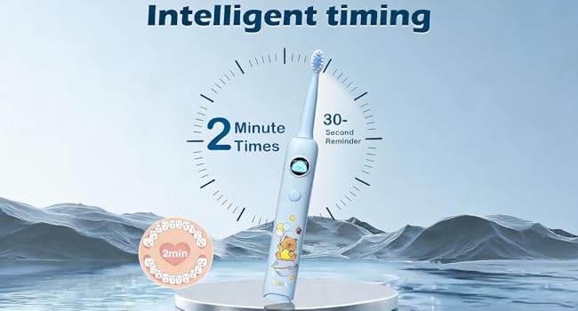 Text reads 'Intelligent timing'. Series of images showing timer interface with 2-minute intervals against mountain landscape background.