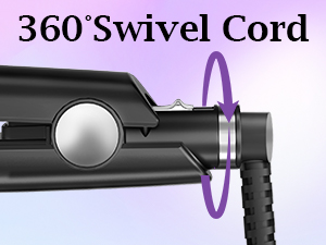 Close-up of a black device handle with a 360-degree swivel cord feature, highlighted by a purple circle. Text '360°Swivel Cord' visible above.