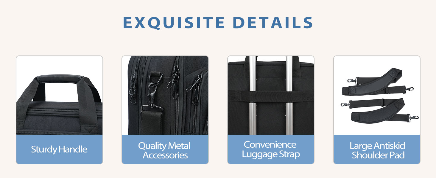 sturdy handle,quality metal accessories, luggage strap,antiskid shoulder pad