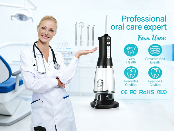 Text reads: 'Professional oral care expert' 'CE RoHS GCC'. Product advertisement showing water flosser device with medical professional and technical certification icons.