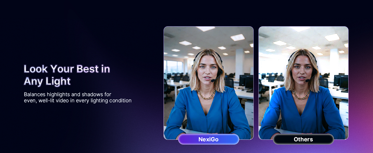 NexiGo: Balanced light vs. Overexposed/Dark competitors.
