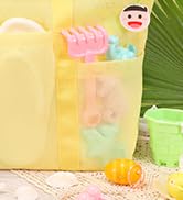 Tagitary Beach Toys Mesh Beach Bag with Zipper and 8 Pockets, Yellow Large Beach Tote Waterproof ...