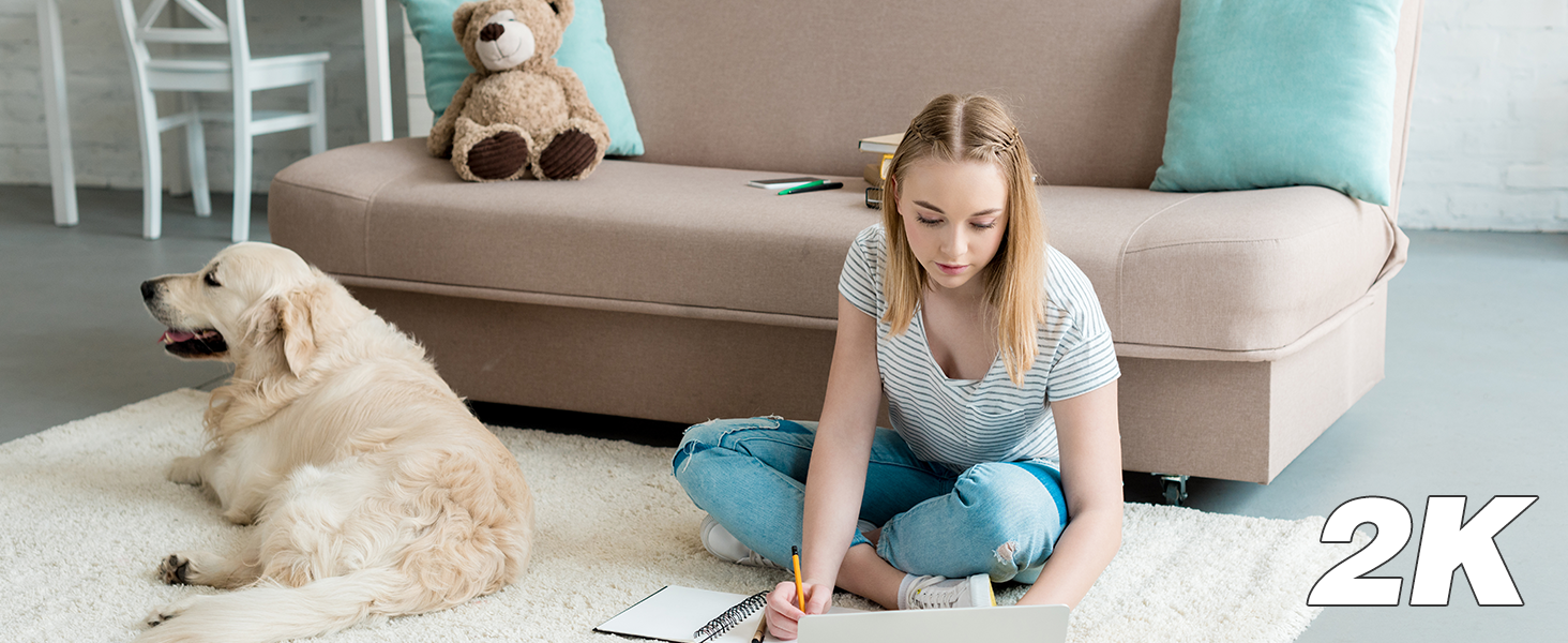 Living room scene with person sitting on floor near couch. Golden retriever dog lying nearby. '2K' text overlay in corner.