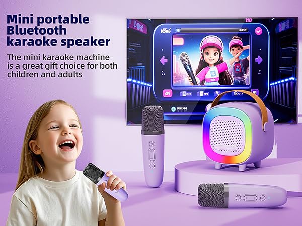 Mini Karaoke Machine Speaker for Kids Adults, Portable Bluetooth with 2 Wireless Microphones