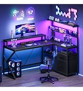 HOOBRO 52" L Shaped Gaming Desk with Pegboard LED Lights and Power Outlet | Reversible Corner Des...