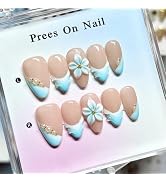 30Pcs Blue Press on Nails Medium Almond with 3D Flower & Pearl Design,Elegant French Tip Glossy G...