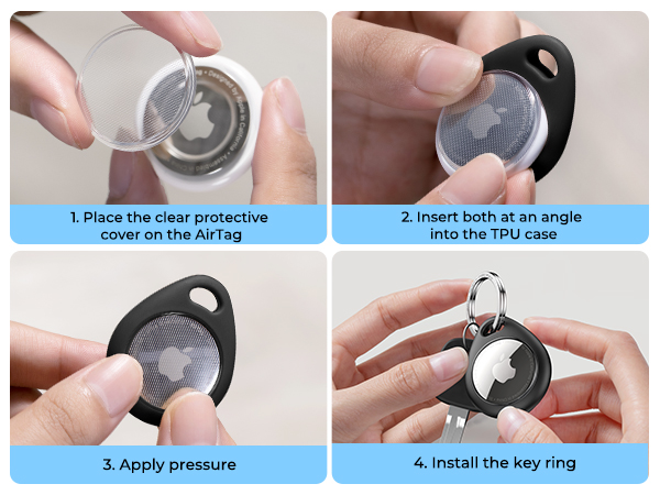 Four-step installation process for an AirTag protective case. Shows attaching a clear cover, inserting the AirTag into a TPU case, applying pressure, and attaching a key ring.