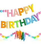 Vuzvuv Pre-Strung Felt Happy Birthday Garland with Pompom Balls, Handmade Happy Birthday Banner D...
