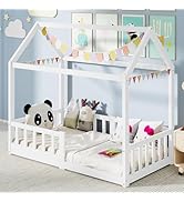 DoCred Crib Size House Floor Bed,Wooden Montessori Bed with Fence and Roof for Kids,Playhouse Cri...