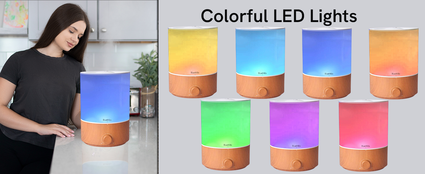 aromatherapy diffuser with adjustable mist modes 7-color LED lights timer settings and auto shut-off