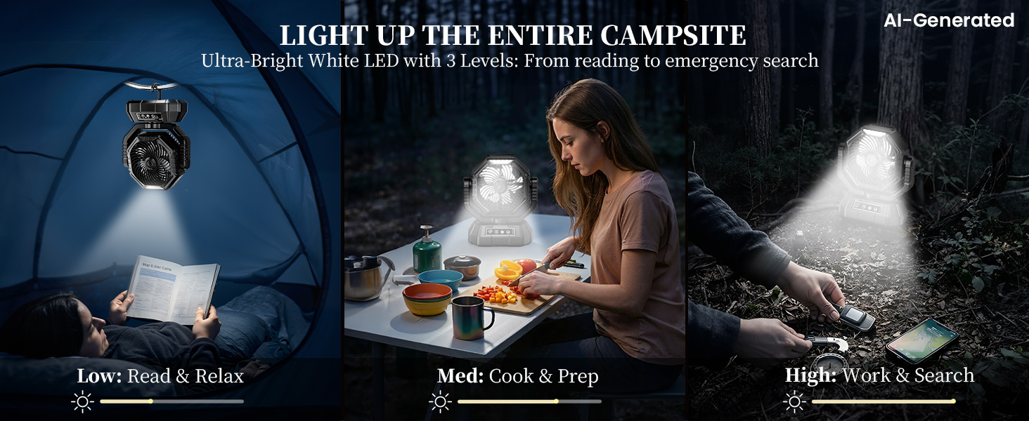 Battery powered fan for camping with 3 light modes to easily switch brightness for night tasks