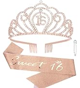 16th Birthday Tiara and Sash with Sweet for Girls Rose Golden Sash Birthday Accessories for Girls...