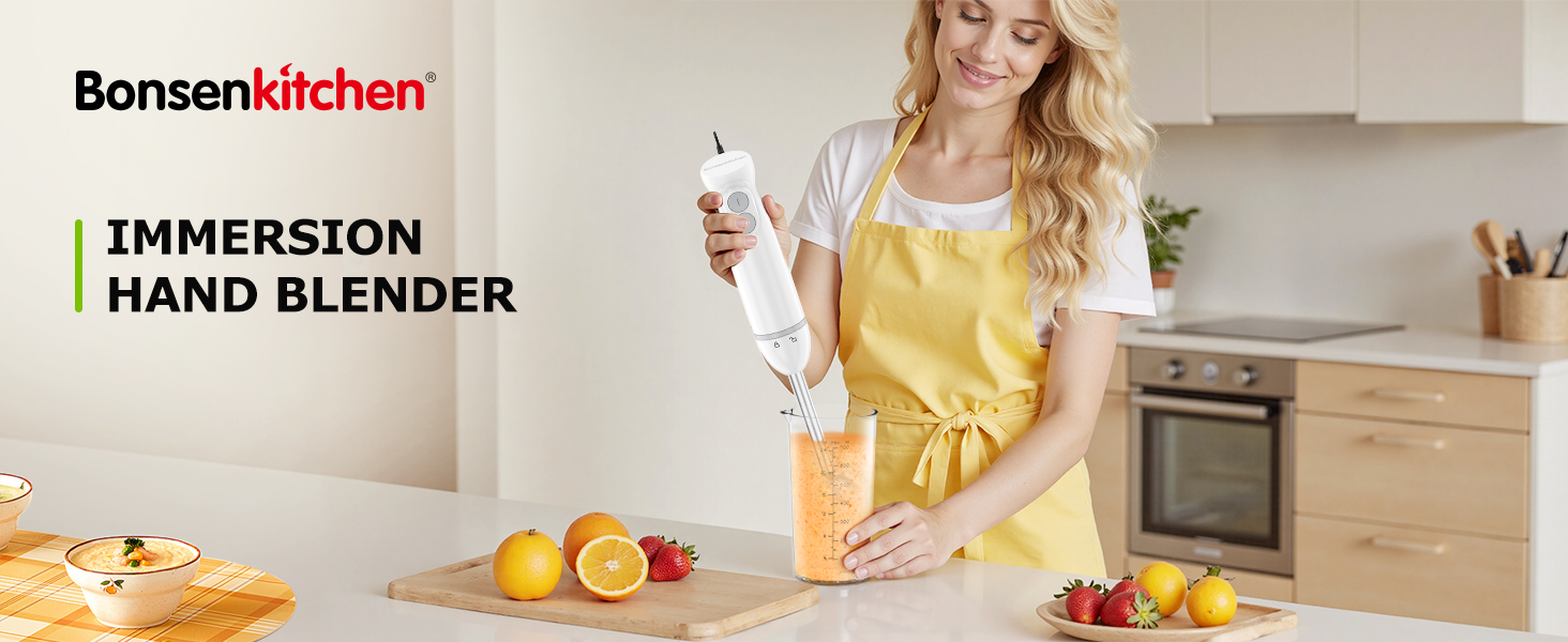Bonsen Kitchen immersion hand blender shown in kitchen setting with citrus fruits and preparation materials on counter.