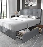 Allewie Upholstered Queen Size Platform Bed Frame with 4 Storage Drawers and Headboard, Square St...
