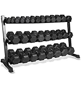 CAP 1200 LB Rubber Coated Hex Dumbbell Hand Weight Set with Three Tier Storage Rack - Chrome Hand...