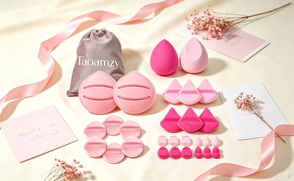 Pink makeup sponges and powder puffs makeup tool set with drawstring storage bag