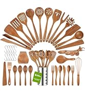 AIUHI Wooden Kitchen Utensil Set, Complete 33-Piece Wooden Cooking Utensil Set with Spoons, Spatu...