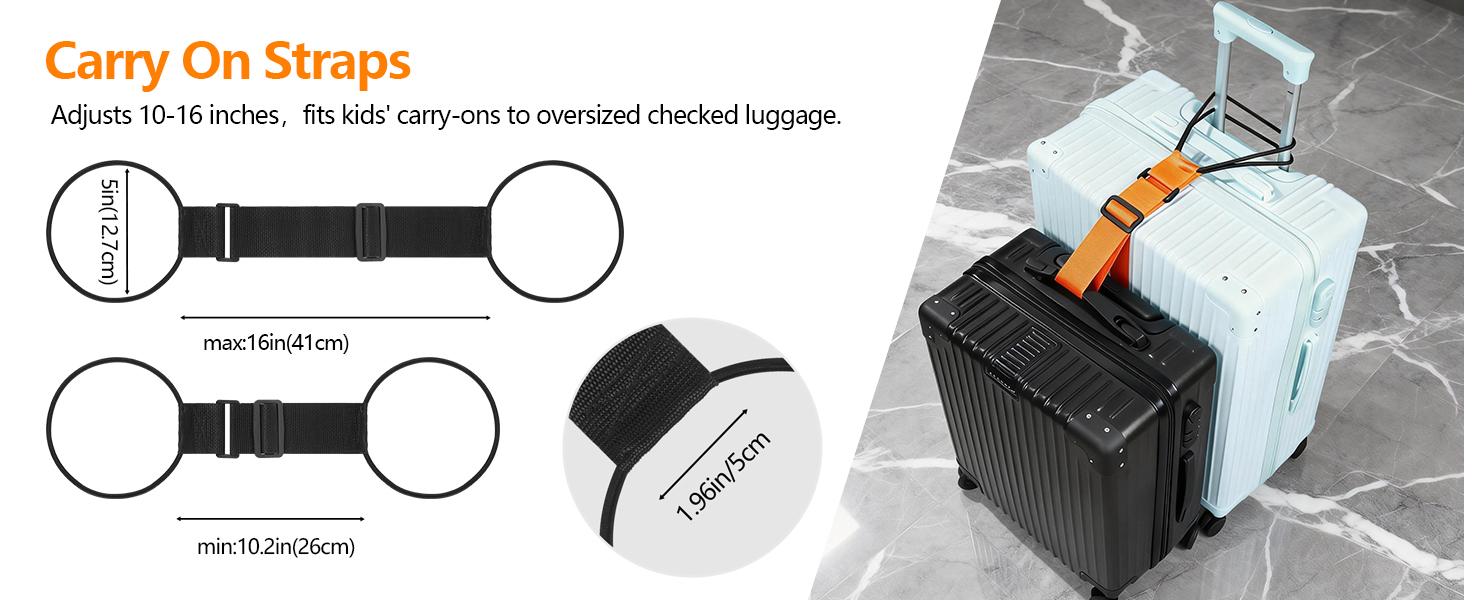 Text reads 'Carry On Straps' 'Adjustable in width - The best carry-ons available - includes checked baggage.' Black luggage straps with attachment diagrams shown on suitcase.