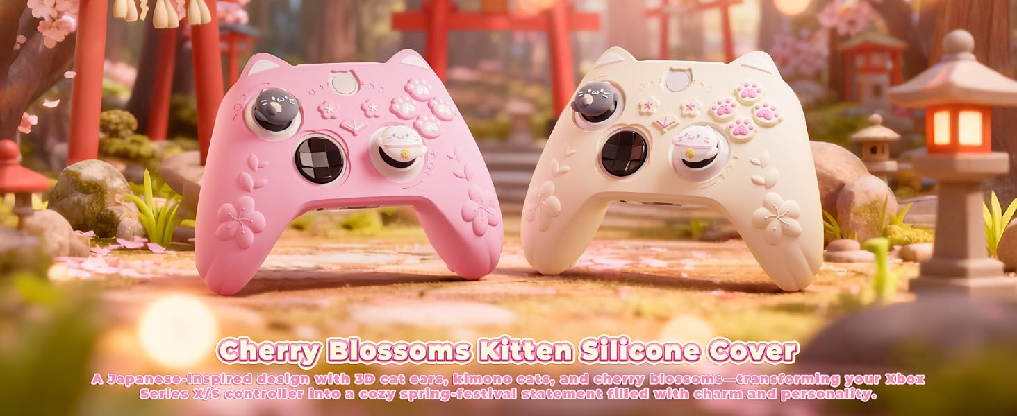 PlayVital Cute Silicone Controller Skin for Xbox Series X/S-Cherry Blossoms Kitten