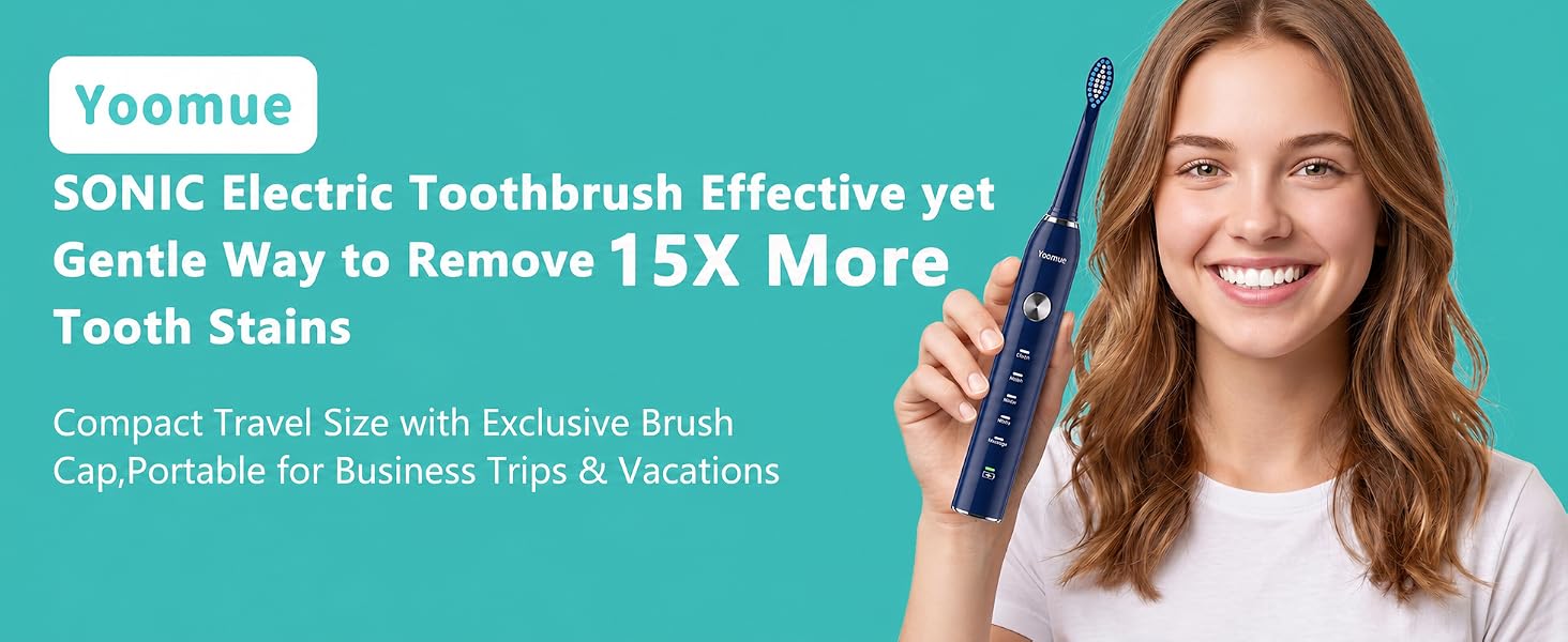 Text reads "Voomue", "SONIC Electric Toothbrush Effective yet Gentle Way to Remove 15X More Tooth Stains", "Compact Travel Size with Exclusive Brush Cap, Portable for Business Trips & Vacations". Woman displaying white electric toothbrush product.