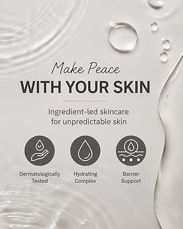 Text reads 'Make Peace WITH YOUR SKIN' and 'Ingredient-led skincare for unpredictable skin.' White cream background with three circular icons showing dermatologically tested, hydrating complex, and barrier support features.