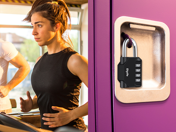 a woman running on a treadmill with a lock on the door.