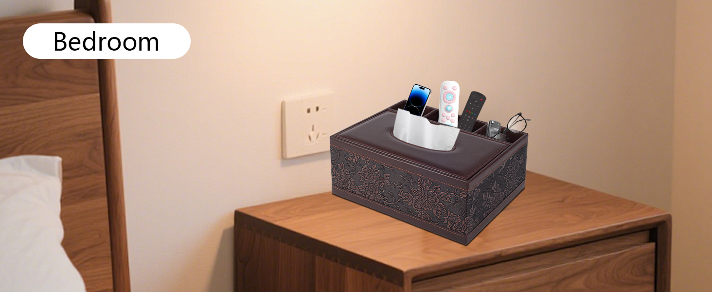 Text reads 'bedroom'. Dark gray textured tissue box holder placed on wooden furniture surface in a beige-colored room setting.