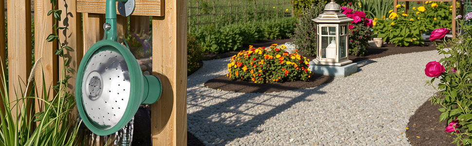 A lush garden with vibrant flowers and greenery, showcasing the product in use.