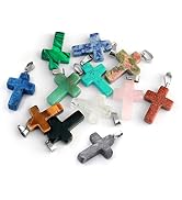 12PCS Natural Stone Cross Pendant, Healing Crystal Quartz Chakra Reiki Gemstone Pendants Charms B...