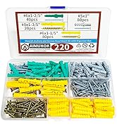 AIMUNOK 220PCS Drywall Anchors and Screws Kit, 110 Plastic Dry Wall Anchors & 110 Philips Flat He...