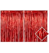 2 Pack Red Metallic Foil Fringe Curtain Backdrop Streamers 3.2ft x 6.4ft. Party Decoration for Bi...