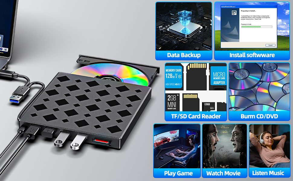 MAHAHUM 8-In-1 External CD/DVD Drive Reader Burner for Windows & Mac Laptops