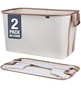 CleverMade Collapsible Laundry Basket Hamper - LUXE Cream Herringbone 2Pack 60L -SpaceSaving Stor...