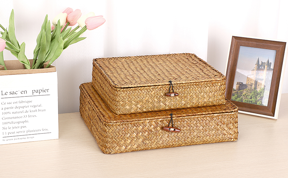 Woven Wicker Storage Bin with Lid Natural Seagrass Basket Box Multipurpose Home Organizer for Shelf