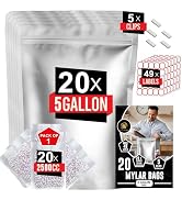 15MIL 20 pcs 5Gallon Mylar Bags with 20x2500cc Oxygen Absorbers-49 Labels & Stand-Up Reusable Bag...