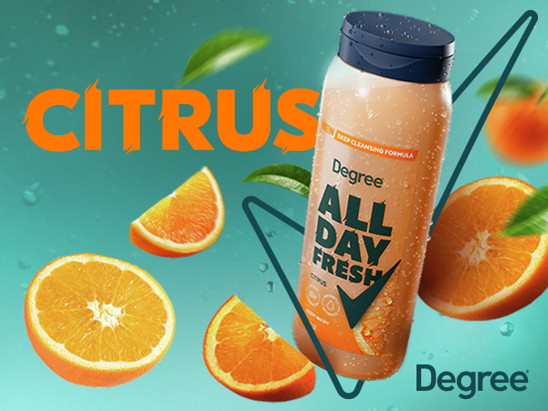 An orange Degree Body Wash bottle surrounded by orange slices with the text citrus in orange