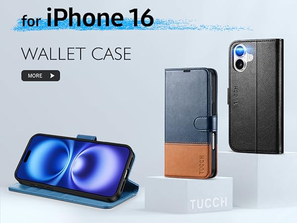 Wallet case for iPhone 16 featuring dual-tone design. Shows closed case and phone inserted, with blue screen visible in open position for viewing.