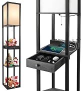 OUTON Floor Lamp with Shelves, 1 Drawer, 2 USB-C Ports, 2 AC Outlets, LED Modern Floor Lamp with ...