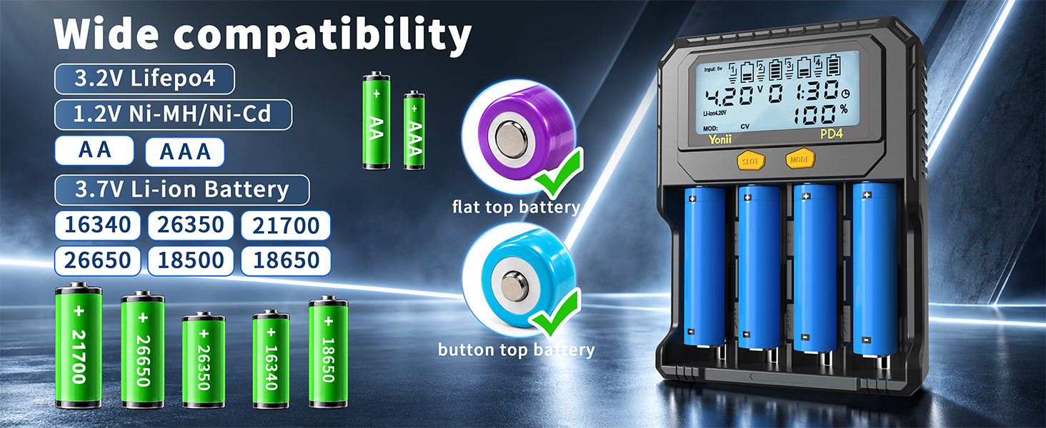 Yonii PD4 Charger Wide Compatibility for 18650 21700 AA AAA Li-ion Ni-MH LiFePO4