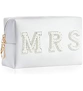 Bride Patch MRS Letter Makeup Bag for Women Bridesmaid Engagement Gift for Her White Pearl Rhines...