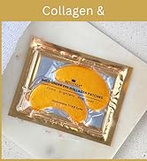 Text reads "Collagen &". Golden packaging containing collagen eye patches or skincare product with blue accents, displayed on white textured surface.