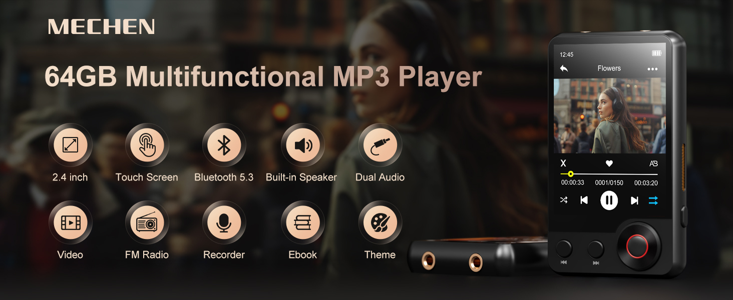 Text reads "MEEHEN 64GB Multifunctional MP3 Player" with 10 function icons displayed. Black digital media player device shown with screen, featuring music, video, recording, and playback capabilities.