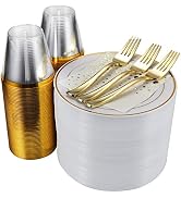 Stylish 7.5 Inch Gold Disposable Dessert Plates, Cups Forks and Cocktail Napkins (100 Set of Each...