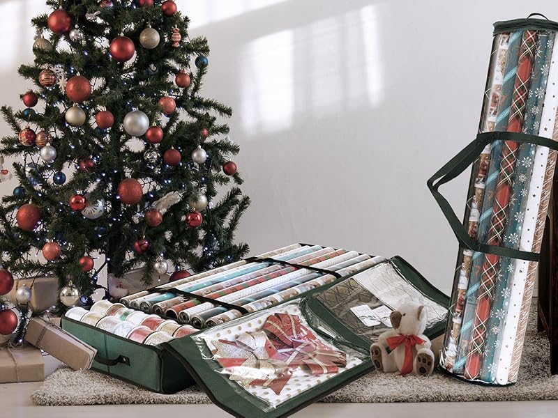 Wrapping paper storage in front of tree